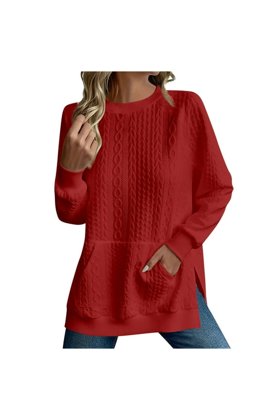 Womens Loose Fitting Crewneck Sweatshirt Classic Solid Color Casual Pullover Fall Cozy Long Sleeve Side Slits Sweatshirts Top