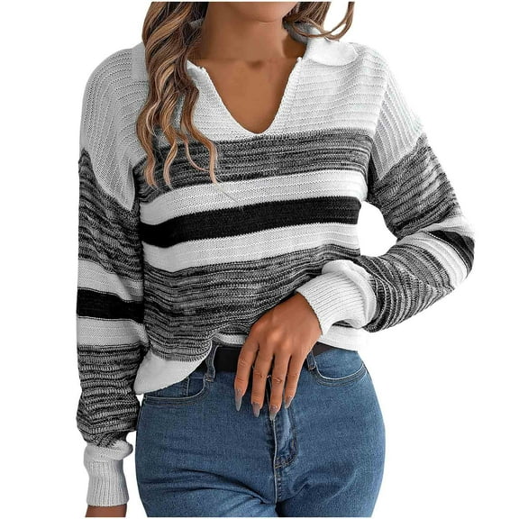 qucoqpe Womens Loose Sweaters Sexy V Neck Long Sleeve Striped Knitted Jumper Pullover Sweatshirt Tops