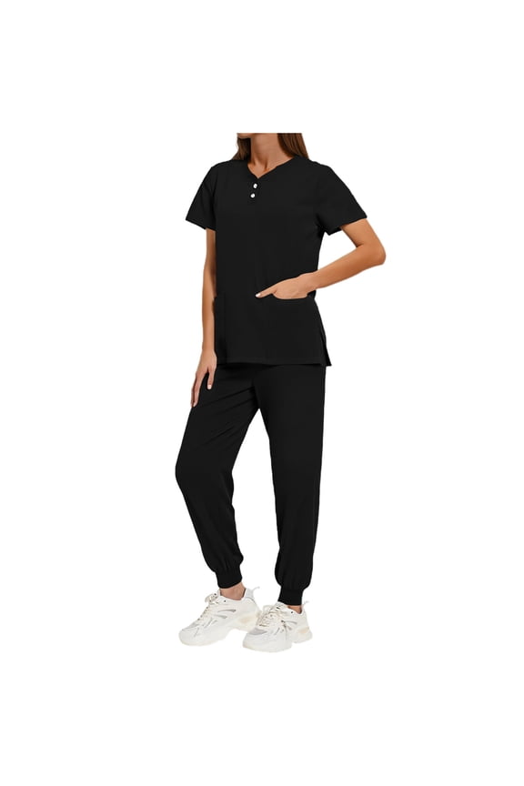 Womens Medical Scrubs Set Stretch V-neck Short Sleeve Side Slit Top and Pants 2-Piece Nursing Uniforms