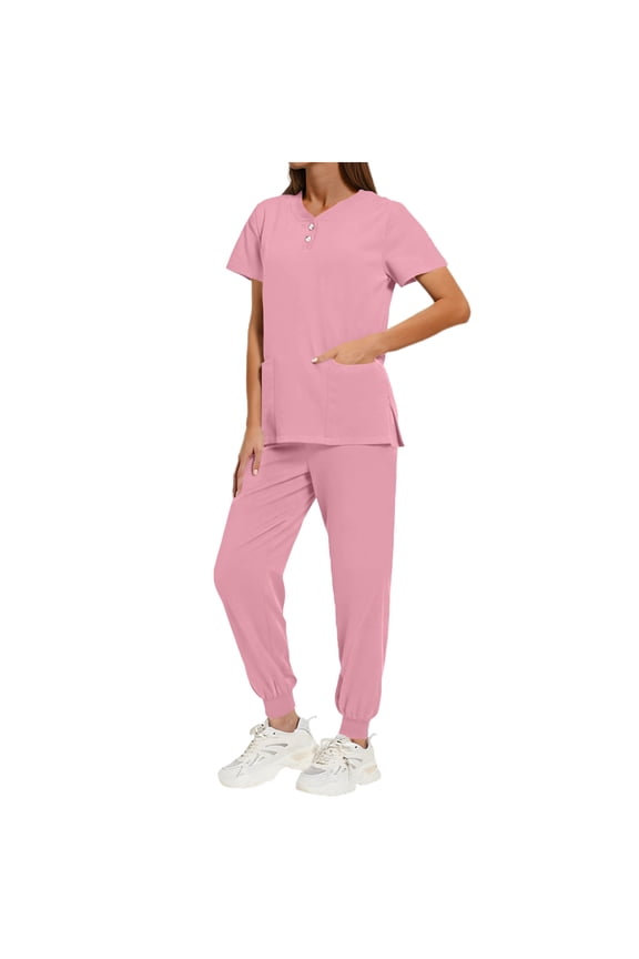 Womens Medical Scrubs Set Stretch V-neck Short Sleeve Side Slit Top and Pants 2-Piece Nursing Uniforms