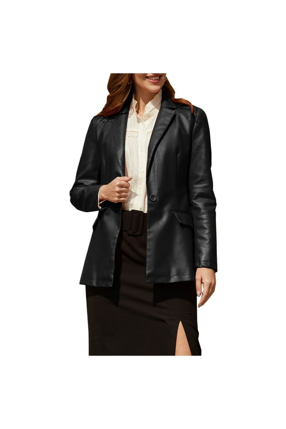 Womens One Button Faux Leather Jacket Shacket Casual Shirt Long Sleeve Blazer Coat with Pockets