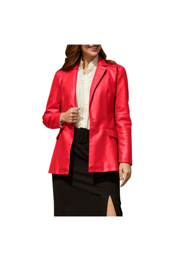 Womens One Button Faux Leather Jacket Shacket Casual Shirt Long Sleeve Blazer Coat with Pockets