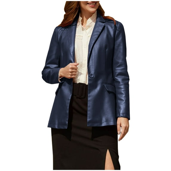 qucoqpe Womens One Button Faux Leather Jacket Shacket Casual Shirt Long Sleeve Blazer Coat with Pockets