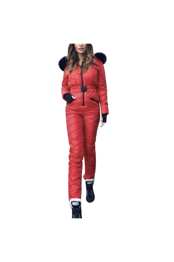 Womens Onesie Ski Suits Winter Outdoor Sports Warm Jumpsuit Fashion Windproof Waterproof Hooded Snowsuit with Zipper Pockets