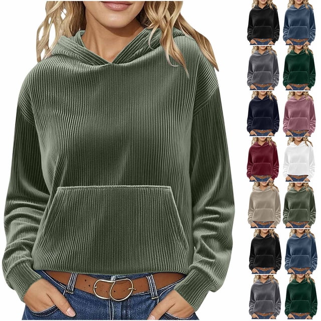 qucoqpe Womens Oversized Corduroy Sweatshirt with Pockets Casual Long Sleeve Crewneck Hoodies Pullover Tops Fall Faashion 2025