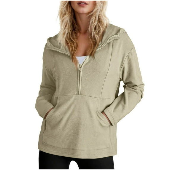 qucoqpe Womens Oversized Half-Zip Hoodie with Front Pocket Lightweight Cozy Pullover Top Long Sleeve Lounge Athletic Hooded Sweatshirt