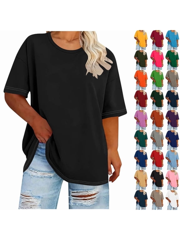 Womens Oversized T-shirts Summer Plus Size Short Sleeve Tops Fashion Solid Color Basic Shirts Casual Tunic Blouses