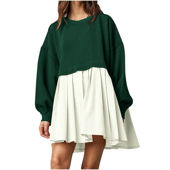 qucoqpe Womens Patchwork Long Sleeve Sweatshirt Dress Casual Pullover Tops Loose Fit Crewneck Sweatshirts on Clearance