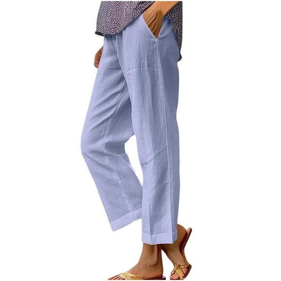 qucoqpe Womens Plus Size Summer Cotton Linen Pants Elastic Waist Straight Leg Work Pants Lounge Trousers Lightweight Beach Pants with Pockets