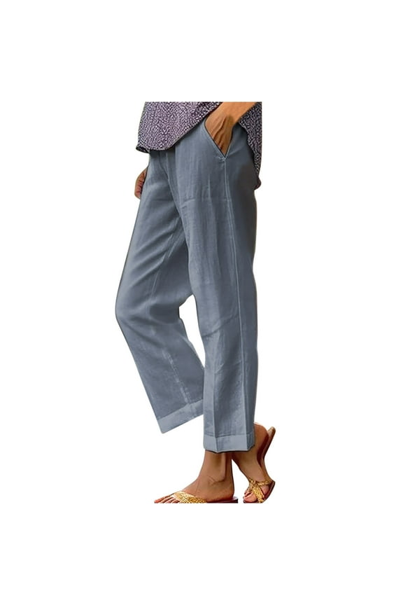 Womens Plus Size Summer Cotton Linen Pants Elastic Waist Straight Leg Work Pants Lounge Trousers Lightweight Beach Pants with Pockets