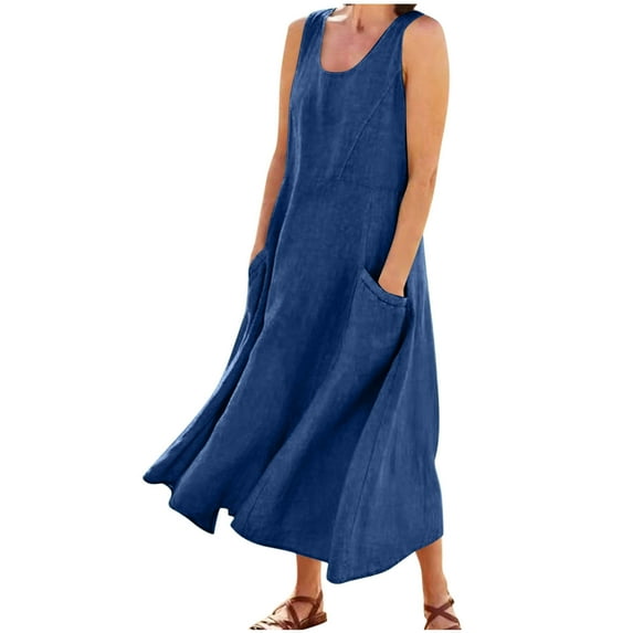 qucoqpe Womens Plus Size Summer Dress Crew Neck Sleeveless Ruffle Flowy Long Maxi Dress Casual Loose Beach Sundress with Pockets