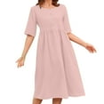 thumbnail image 1 of qucoqpe Womens Plus Size Summer Linen Dress Button Crew Neck Short Sleeve Pleated Sun Dress Casual Loose Vacation Beach A Line Midi Dress, 1 of 7