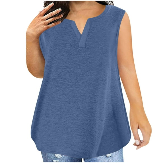 qucoqpe Womens Plus Size Summer Tank Tops V Neck Sleeveless Lightweight T-shirts Casual Loose Solid Color Pullover Tops