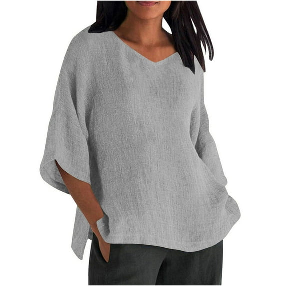 qucoqpe Womens Plus Size Summer Tops V Neck 3/4 Sleeve Side Slit Shirts Casual Loose Solid Color Blouse Lightweight Comfy T-shirts