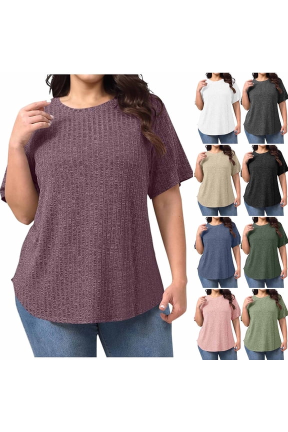 Womens Plus Size Tunic Tops Short Sleeve Crew Neck Loose Ribbed T-shirts Dressy Casual Blouses Summer Tops for Women