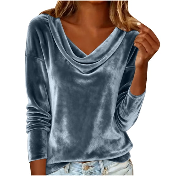qucoqpe Womens Plus Size Velvet Tops Cowl Neck Long Sleeve Sparkly Shirts Fashion Casual Loose Solid Color Blouses