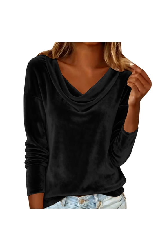 Womens Plus Size Velvet Tops Cowl Neck Long Sleeve Sparkly Shirts Fashion Casual Loose Solid Color Blouses