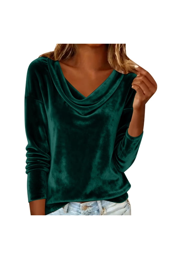 Womens Plus Size Velvet Tops Cowl Neck Long Sleeve Sparkly Shirts Fashion Casual Loose Solid Color Blouses