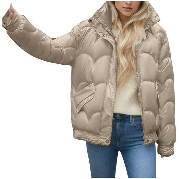 qucoqpe Womens Quilted Jacket Casual Button Down Full Zipper Winter Long Sleeve Stand Neck Lightweight Warm Coat on Clearance