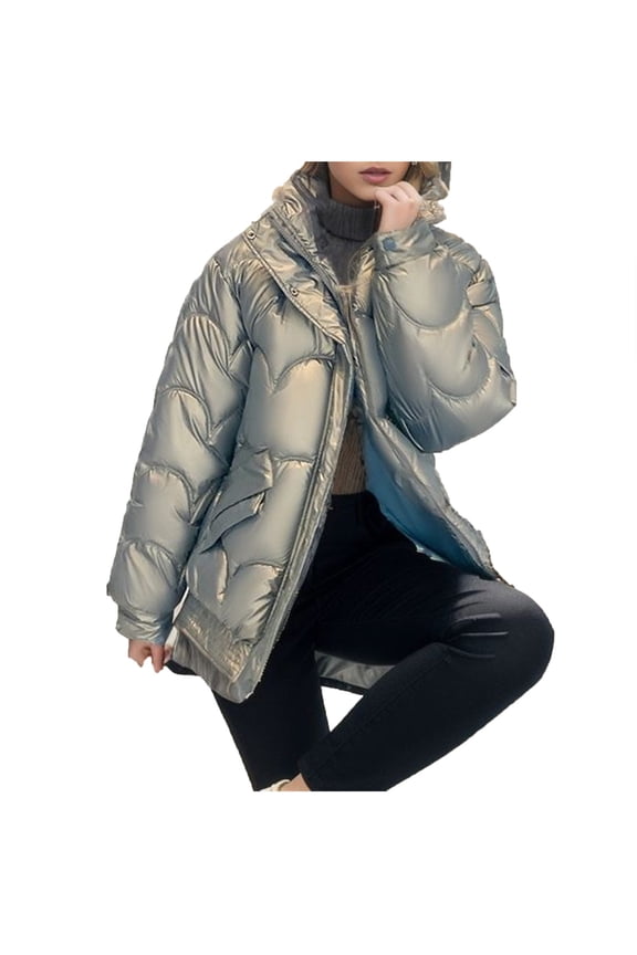 Womens Quilted Jacket Casual Button Down Full Zipper Winter Long Sleeve Stand Neck Lightweight Warm Coat on Clearance