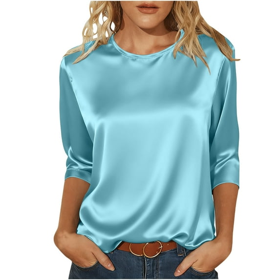 qucoqpe Womens Satin Tops Crew Neck 3/4 Sleeve Shirts Fashion Solid Color Loose T-shirts Dressy Casual Blouses Summer Tops