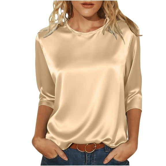 qucoqpe Womens Satin Tops Crew Neck 3/4 Sleeve Shirts Fashion Solid Color Loose T-shirts Dressy Casual Blouses Summer Tops