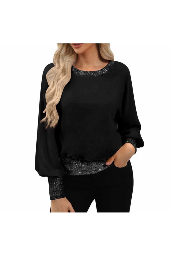 Womens Sequin Chiffon Tops Fall Winter Dressy Sparkle Crewneck Dolman Blouses Loose Fit Long Sleeve Shirts