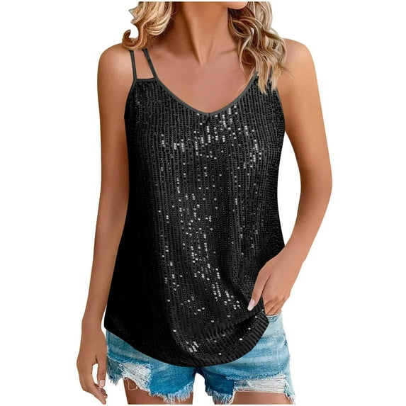 qucoqpe Womens Sequin Tank Tops V Neck Sleeveless Camisole Summer Fashion Tops Casual Solid Color TShirts Blouse