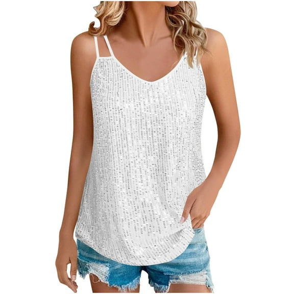 qucoqpe Womens Sequin Tank Tops V Neck Sleeveless Camisole Summer Fashion Tops Casual Solid Color TShirts Blouse