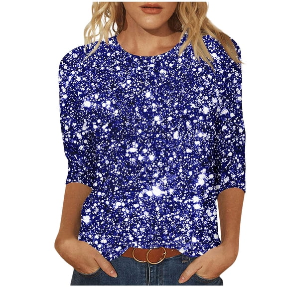 qucoqpe Womens Sequin Tops 3/4 Sleeve Crew Neck Sparkling T-shirts Fashion Casual Loose Blouses