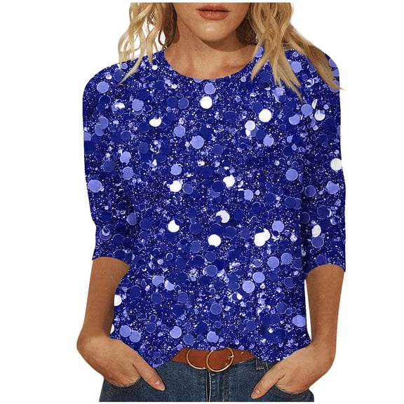 qucoqpe Womens Sequin Tops 3/4 Sleeve Crew Neck Sparkling T-shirts Fashion Casual Loose Blouses