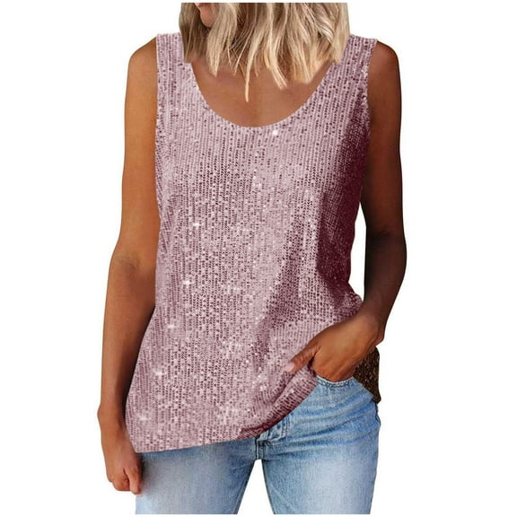 qucoqpe Womens Sequin Tops Summer Casual Crew Neck Tank Tops Sleeveless Camisole Fashion Solid Color T-shirts Blouse