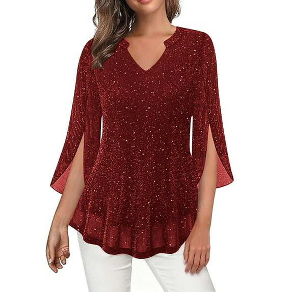 qucoqpe Womens Sequin Tunic Tops Trendy Elegant 3/4 Sleeve Sparkly Dressy Shirt Breathable V-Neck Party Blouse