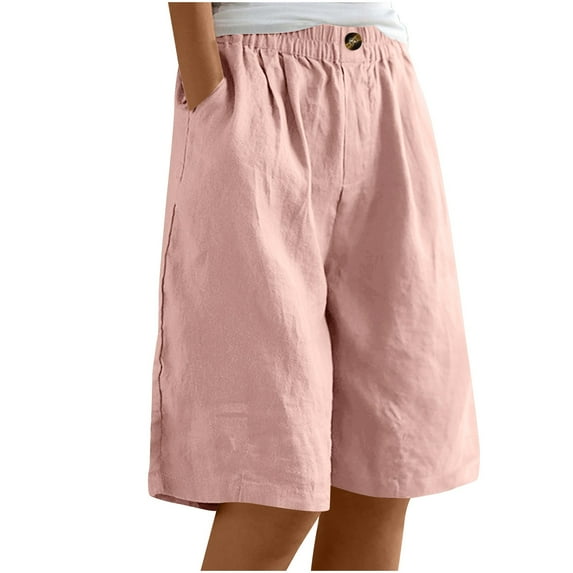 qucoqpe Womens Shorts Summer Casual Elastic Waist Cotton Linen Shorts with Pockets