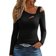 thumbnail image 1 of qucoqpe Womens Slim Fitting Velvet Tops Trendy Asymmetrical Neck Cut Out Long Sleeve Shirts Fall Winter Base Layer Blouse, 1 of 6