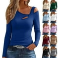 thumbnail image 1 of qucoqpe Womens Slim Fitting Velvet Tops Trendy Asymmetrical Neck Cut Out Long Sleeve Shirts Fall Winter Base Layer Blouse, 1 of 5