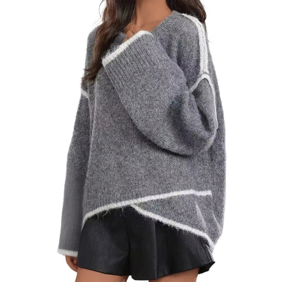 qucoqpe Womens Soft Sweaters Trendy Color Block Crewneck Tops Long Sleeve Shirts for Women