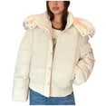 thumbnail image 1 of qucoqpe Womens Solid Furry Hooded Puffer Coat with Button & Zipper Closure Long Sleeve Winter Jacket with Pockets for Women, 1 of 5