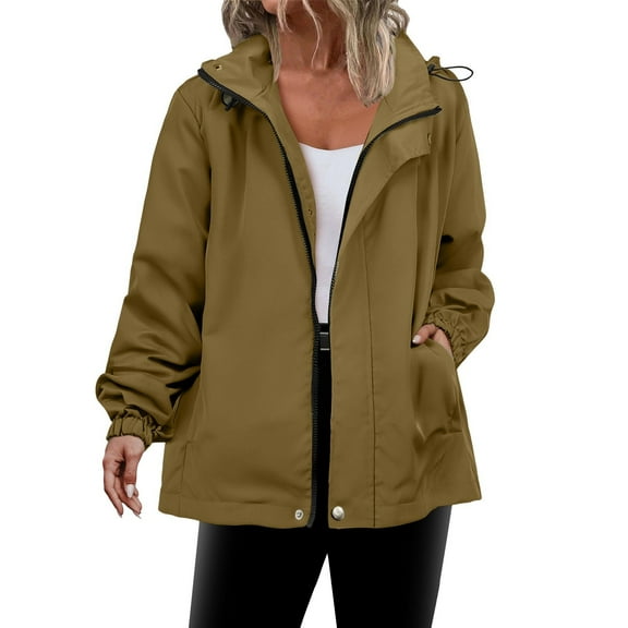 qucoqpe Womens Solid Outdoor Hooded Jacket with Pockets Trendy Casual Water-Proof Long Sleeve Hiking Windbreaker Coats