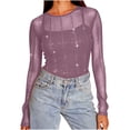 thumbnail image 1 of qucoqpe Womens Sparkling Mesh Long Sleeve Tops Slim Fitting Crew Neck Tee Shirts Cocktail Party Club Night Lace Blouse (Without Lining), 1 of 9