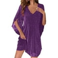 thumbnail image 1 of qucoqpe Womens Summer Mini Dress Fashion Casual Solid Color Ruffle 3/4 Sleeve V Neck Glittering Sequin Dress Loose Party Dress, 1 of 5