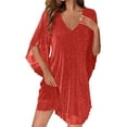 thumbnail image 1 of qucoqpe Womens Summer Mini Dress Fashion Casual Solid Color Ruffle 3/4 Sleeve V Neck Glittering Sequin Dress Loose Party Dress, 1 of 5