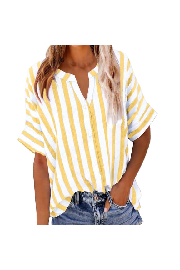 Womens Striped Short Sleeve Linen Shirt V-Neck Button Down Blouse Tops