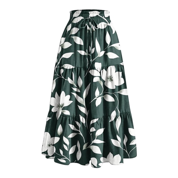 qucoqpe Womens Summer Boho Maxi Skirt Elastic Waist Drawstring Pleated Flowy A Line Floral Print Long Skirt