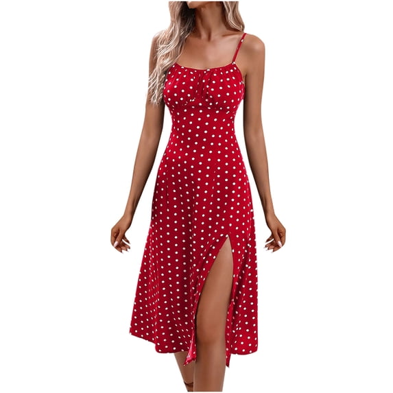 qucoqpe Womens Summer Camisole Dress Fashion Casual Loose Polka Dot Printed Mixi Long Dress Sleeveless V Neck Slit Sundress