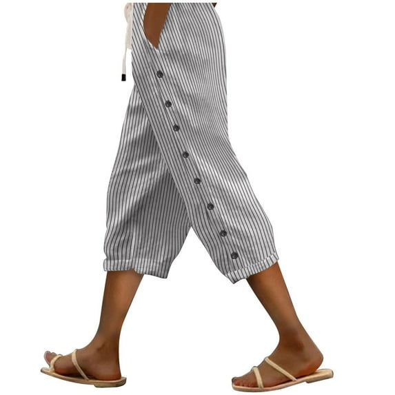 qucoqpe Womens Summer Capri Pants Fashion Casual Stripe Print Trousers Elastic Waist Drawstring Side Button Work Beach Pants