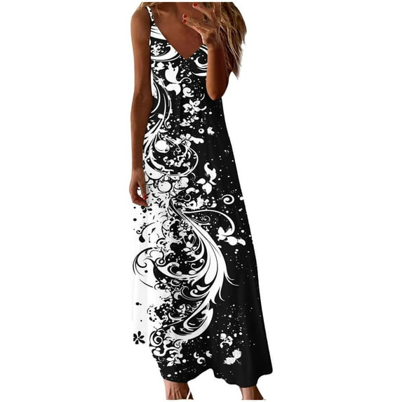 qucoqpe Womens Summer Casual Long Maxi Dress V Neck Spaghetti Strap Sundress Fashion Floral Print Beach Boho Dress