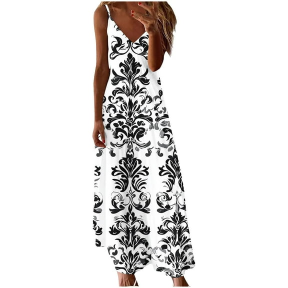 qucoqpe Womens Summer Casual Long Maxi Dress V Neck Spaghetti Strap Sundress Fashion Floral Print Beach Boho Dress