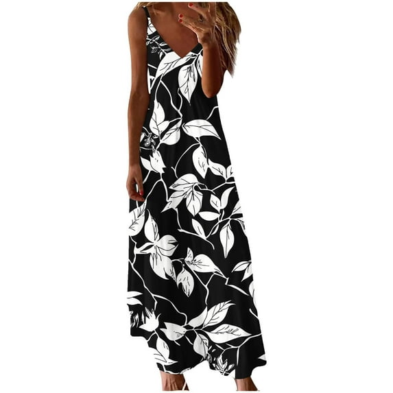 qucoqpe Womens Summer Casual Long Maxi Dress V Neck Spaghetti Strap Sundress Fashion Floral Print Beach Boho Dress