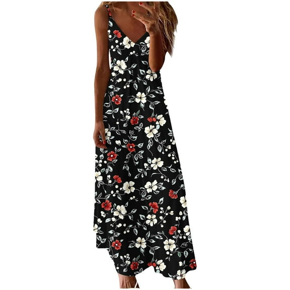 qucoqpe Womens Summer Casual Long Maxi Dress V Neck Spaghetti Strap Sundress Fashion Floral Print Beach Boho Dress